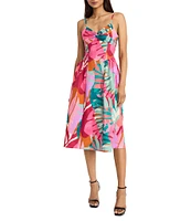 Donna Morgan Sweetheart Twist Front Sleeveless Tropical Printed Cotton Poplin Fit & Flare Midi Dress