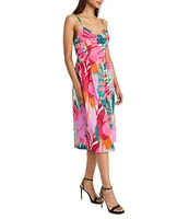 Donna Morgan Sweetheart Twist Front Sleeveless Tropical Printed Cotton Poplin Fit & Flare Midi Dress