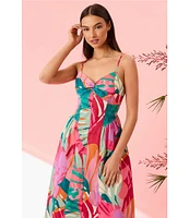 Donna Morgan Sweetheart Twist Front Sleeveless Tropical Printed Cotton Poplin Fit & Flare Midi Dress