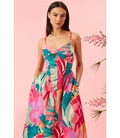 Donna Morgan Sweetheart Twist Front Sleeveless Tropical Printed Cotton Poplin Fit & Flare Midi Dress