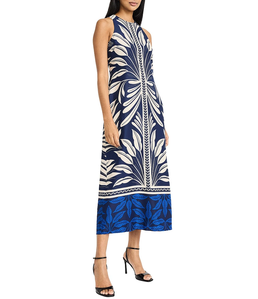 Donna Morgan Twill Printed Halter Neck Sleeveless Back Keyhole Caftan Dress