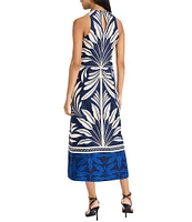 Donna Morgan Twill Printed Halter Neck Sleeveless Back Keyhole Caftan Dress
