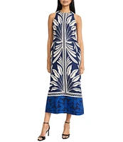 Donna Morgan Twill Printed Halter Neck Sleeveless Back Keyhole Caftan Dress