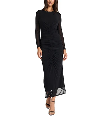 Donna Morgan V-Back Long Sleeve Ruched Stretch Mesh Maxi Dress