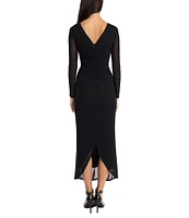 Donna Morgan V-Back Long Sleeve Ruched Stretch Mesh Maxi Dress