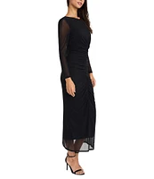 Donna Morgan V-Back Long Sleeve Ruched Stretch Mesh Maxi Dress