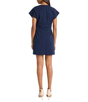 Donna Morgan V-Neck Short Sleeves Button Front Detail Scuba Crepe Sheath Dress