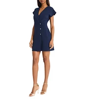 Donna Morgan V-Neck Short Sleeves Button Front Detail Scuba Crepe Sheath Dress