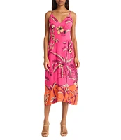 Donna Morgan V-neck Sleeveless Asymmetrical Hem Tropical Print Linen Blend Midi Dress