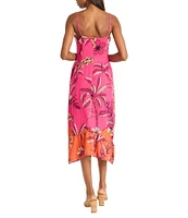 Donna Morgan V-neck Sleeveless Asymmetrical Hem Tropical Print Linen Blend Midi Dress