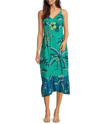 Donna Morgan V-neck Sleeveless Asymmetrical Hem Tropical Print Linen Blend Midi Dress