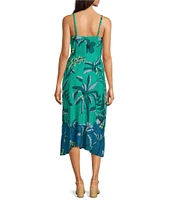 Donna Morgan V-neck Sleeveless Asymmetrical Hem Tropical Print Linen Blend Midi Dress