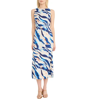 Donna Morgan Zebra Print Crew Neck Sleeveless Sheath Self Tie Midi Dress