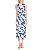 Donna Morgan Zebra Print Crew Neck Sleeveless Sheath Self Tie Midi Dress