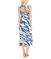 Donna Morgan Zebra Print Crew Neck Sleeveless Sheath Self Tie Midi Dress