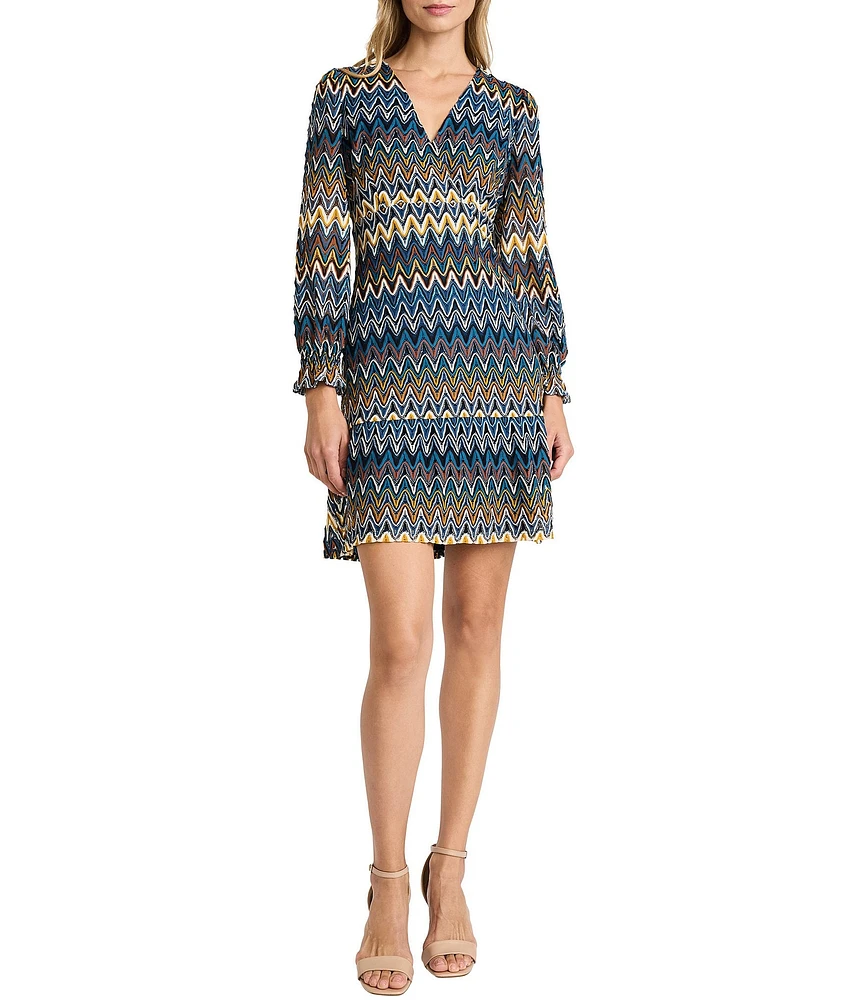 Donna Morgan Zig Zag Crochet V-Neck Long Sleeve Flutter Cuff Mini Dress