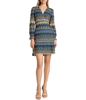 Donna Morgan Zig Zag Crochet V-Neck Long Sleeve Flutter Cuff Mini Dress