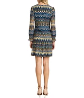 Donna Morgan Zig Zag Crochet V-Neck Long Sleeve Flutter Cuff Mini Dress