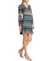 Donna Morgan Zig Zag Crochet V-Neck Long Sleeve Flutter Cuff Mini Dress