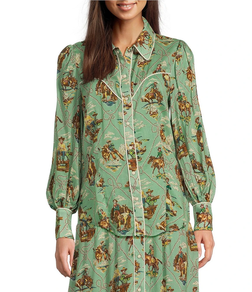 Double D Ranch Michel's Cowboy Print Point Collar Woven Long Sleeve Shirt