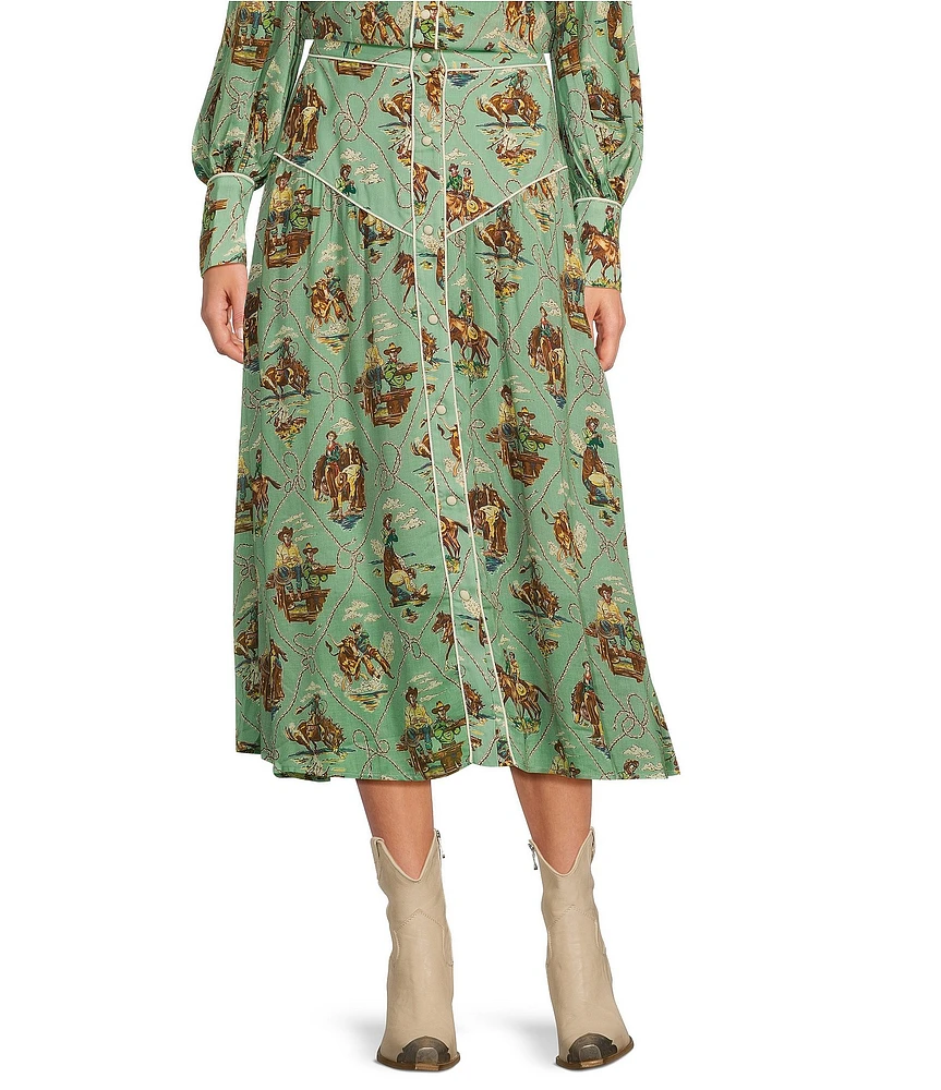 Double D Ranch Romance & Rustlers Printed Beaded Midi A-Line Skirt