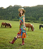 Double D Ranch Women Of The Range Printed V-Neck Short Sleeve Wrap Midi Dress