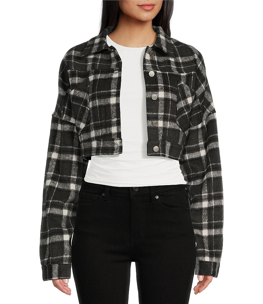 Double Zero Long Sleeve Dark Plaid Cropped Jacket