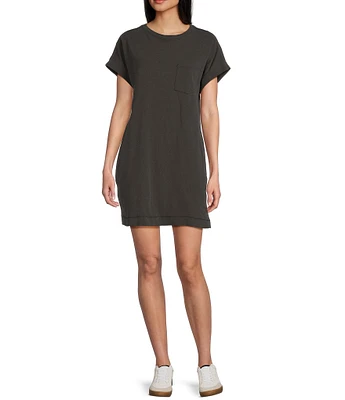 Double Zero Round Neck Cuffed Short Sleeve Pocket T-Shirt Mini Dress