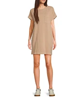 Double Zero Round Neck Cuffed Short Sleeve Pocket T-Shirt Mini Dress