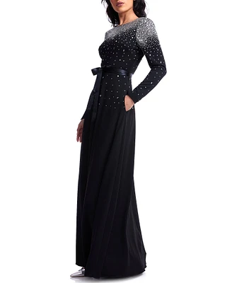 Dress the Population Acacia Boat Neck Long Sleeve Tie Waist Fit & Flare Gown