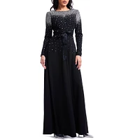 Dress the Population Acacia Boat Neck Long Sleeve Tie Waist Fit & Flare Gown