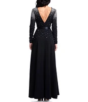 Dress the Population Acacia Boat Neck Long Sleeve Tie Waist Fit & Flare Gown