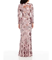 Dress the Population Alessandra Floral Sequin V-Neck Long Sleeve Side Slit Gown