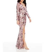 Dress the Population Alessandra Floral Sequin V-Neck Long Sleeve Side Slit Gown