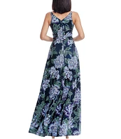 Dress the Population Alyssa V-Neck Sleeveless Floral Embroidered Sequin A-Line Gown