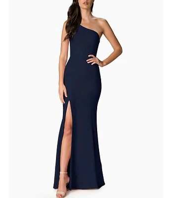 Dress the Population Amy Asymmetrical One Shoulder Neck Front Slit Sleeveless Gown