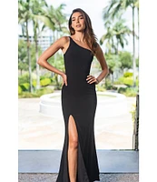 Dress the Population Amy Asymmetrical One Shoulder Neck Front Slit Sleeveless Gown