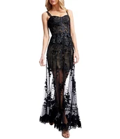 Dress the Population Anabel Embroidered 3D Floral Sweetheart Neck Sleeveless Sheer Skirt A-Line Gown