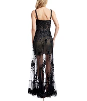 Dress the Population Anabel Embroidered 3D Floral Sweetheart Neck Sleeveless Sheer Skirt A-Line Gown