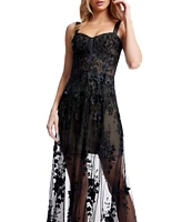 Dress the Population Anabel Embroidered 3D Floral Sweetheart Neck Sleeveless Sheer Skirt A-Line Gown