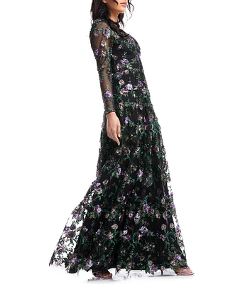 Dress the Population Angelina Floral Embroidered V-Neck Blouson Sleeve Fit & Flare Gown