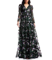 Dress the Population Angelina Floral Embroidered V-Neck Blouson Sleeve Fit & Flare Gown