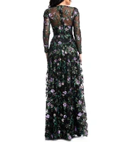 Dress the Population Angelina Floral Embroidered V-Neck Blouson Sleeve Fit & Flare Gown