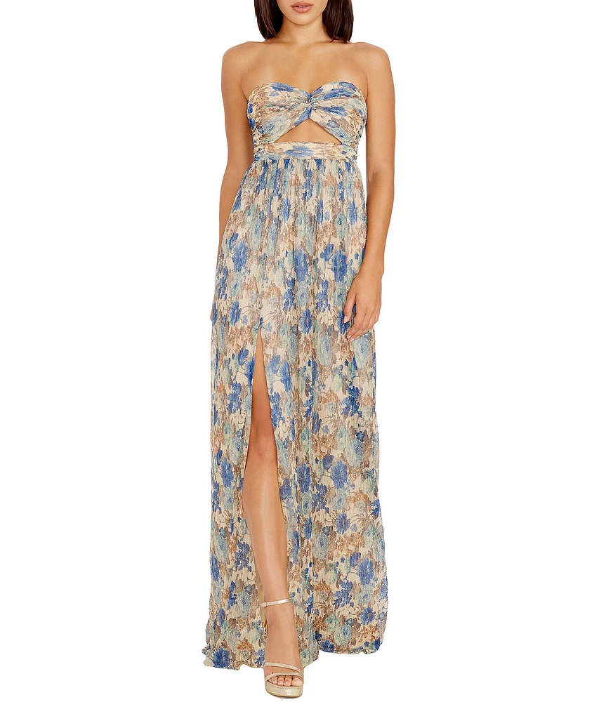 Dress the Population Angelique Sweetheart Strapless Cutout Floral Printed Metallic Chiffon Front Slit Sheath Gown