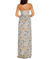 Dress the Population Angelique Sweetheart Strapless Cutout Floral Printed Metallic Chiffon Front Slit Sheath Gown