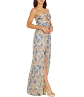 Dress the Population Angelique Sweetheart Strapless Cutout Floral Printed Metallic Chiffon Front Slit Sheath Gown