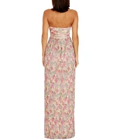 Dress the Population Angelique Sweetheart Strapless Cutout Floral Printed Metallic Chiffon Front Slit Sheath Gown