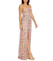 Dress the Population Angelique Sweetheart Strapless Cutout Floral Printed Metallic Chiffon Front Slit Sheath Gown