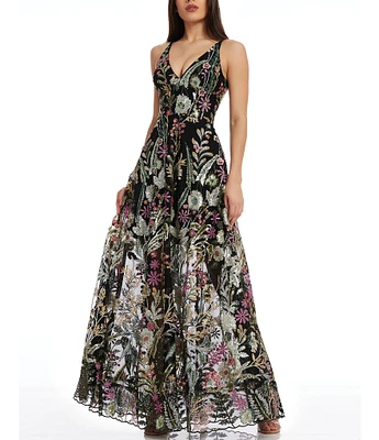 Dress the Population Ariyah Floral Sequin Mesh V-Neck Sleeveless Gown