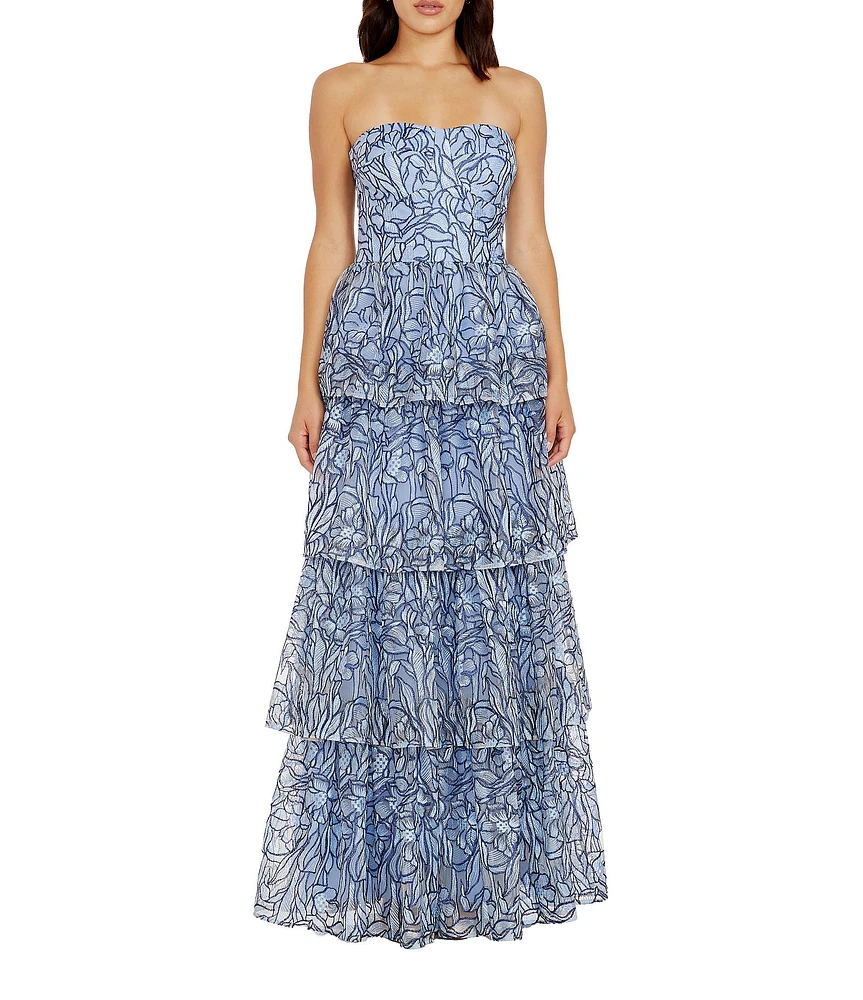 Dress the Population Aubriella Strapless Bustier Bodice Tiered Embroidered Floral Mesh Aline Gown